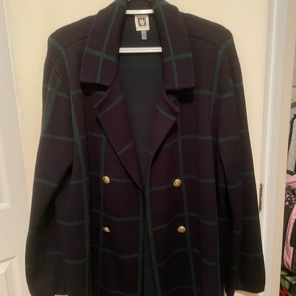 Anne Klein navy and green stripe sweater/jacket, size xlarge